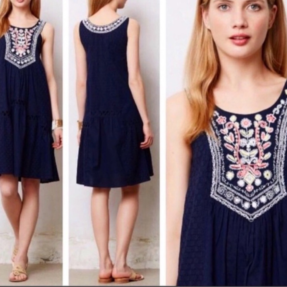 Anthropologie Maeve Navy Blue Tisa Swing Embroidered Dress